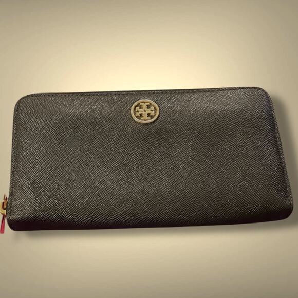 TORY BURCH Black Saffiano Leather Zip Around Wallet Excellent Condition - Picture 1 of 10